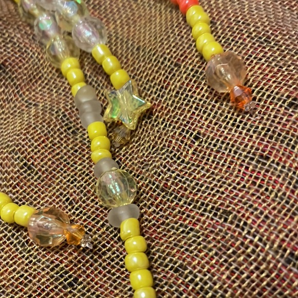 Embellished Clear Hair Elastic w Hand Beaded Streamers Bright Yellow & Orange - Picture 3 of 5